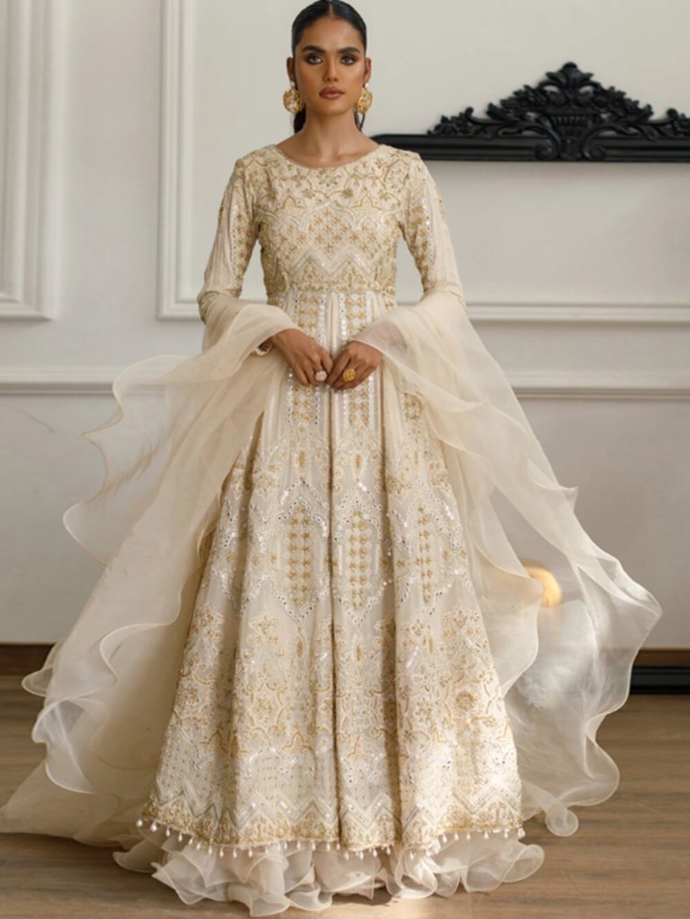 Threads & Motifs Beige Mirror Work Gown